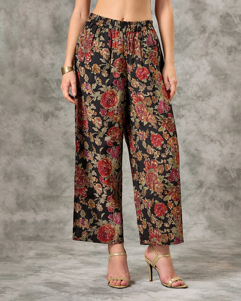 Zari Embroidered All over Printed Mandarin Neck Kurta Set with Pant and Dupatta - Black