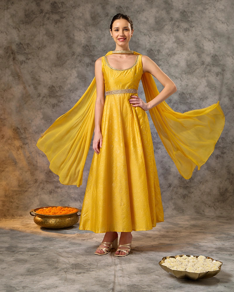 Foil Printed Long Anarkali Kurta with Embroidered Dupatta - Yellow