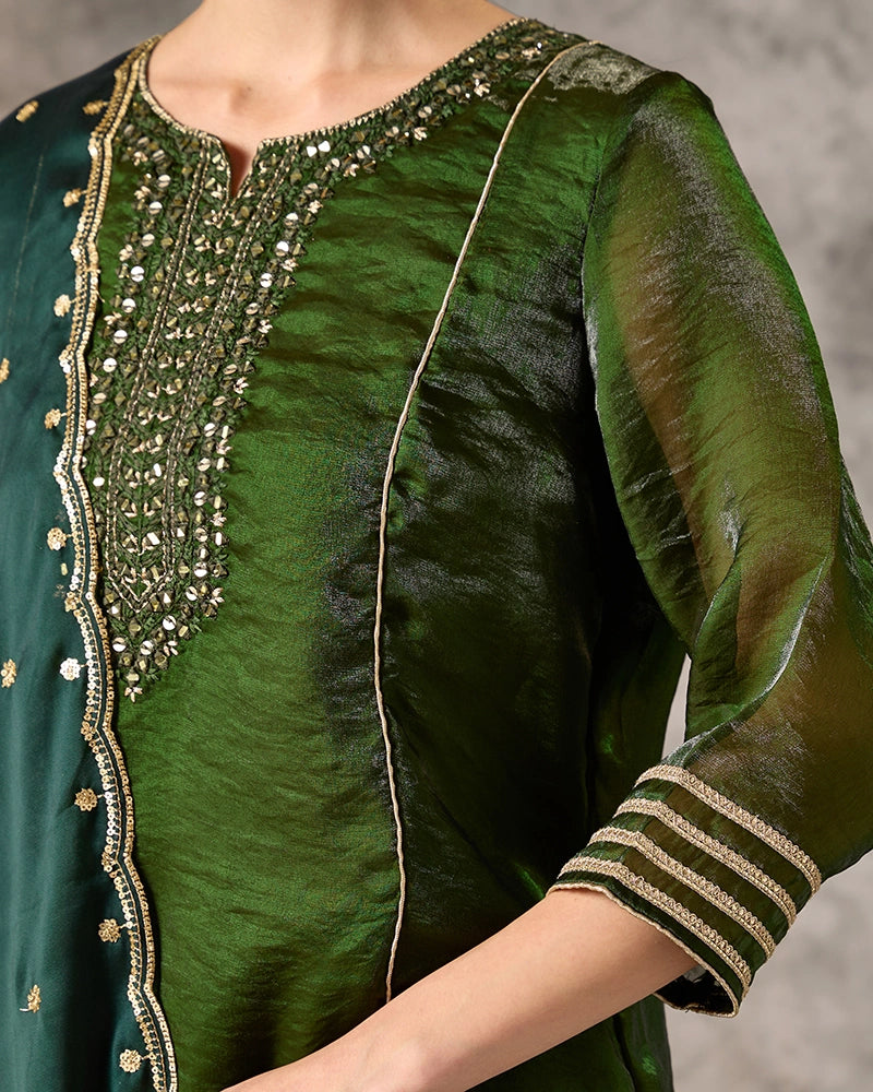 Asymmetric Embroidered Kurta Set with Pant and Dupatta - Bottle Green