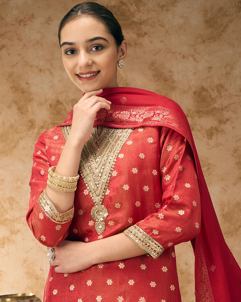 Asymmetric Brocade Kurta Set - Red