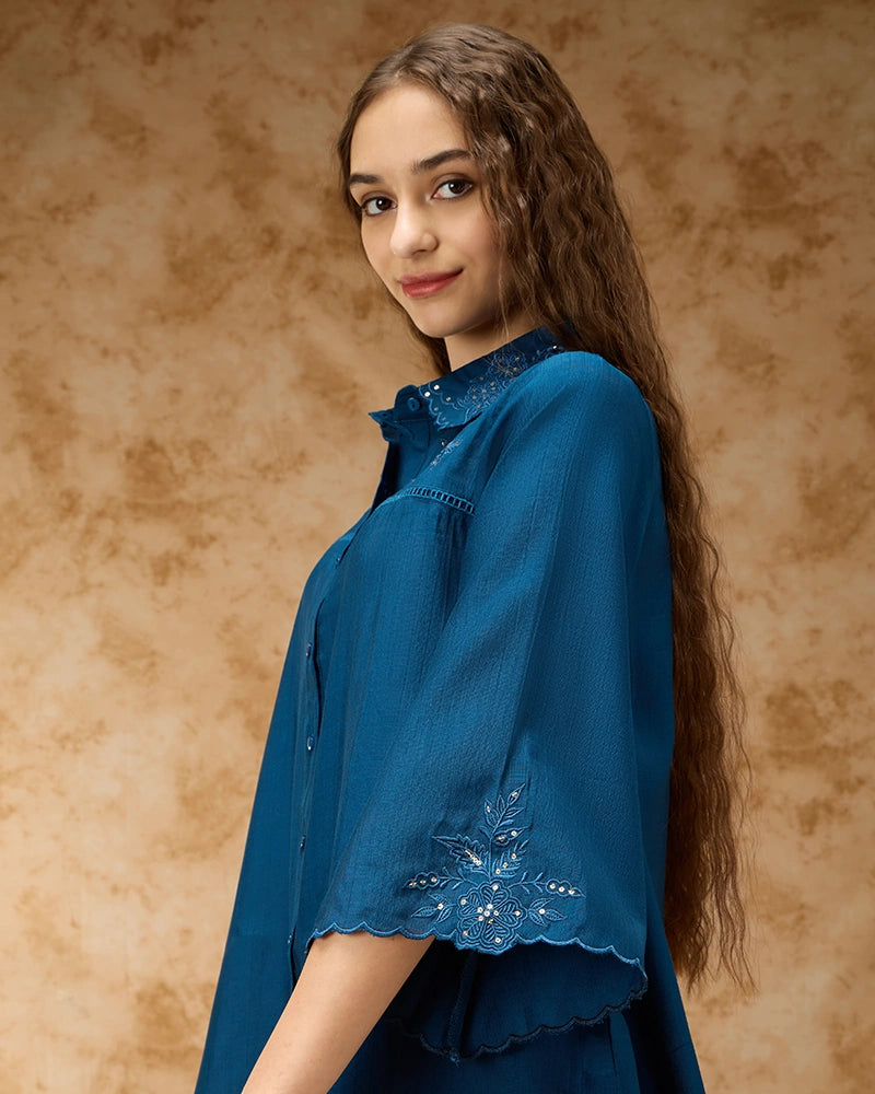 Shirt Collar Co-ord Set with Tonal Embroidery & Lace Inserts - Blue