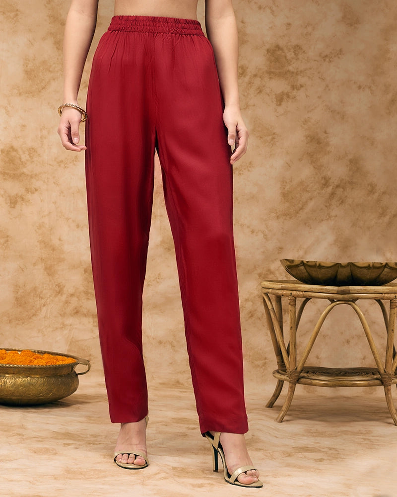 Embroidered yoke kaftan set - Red