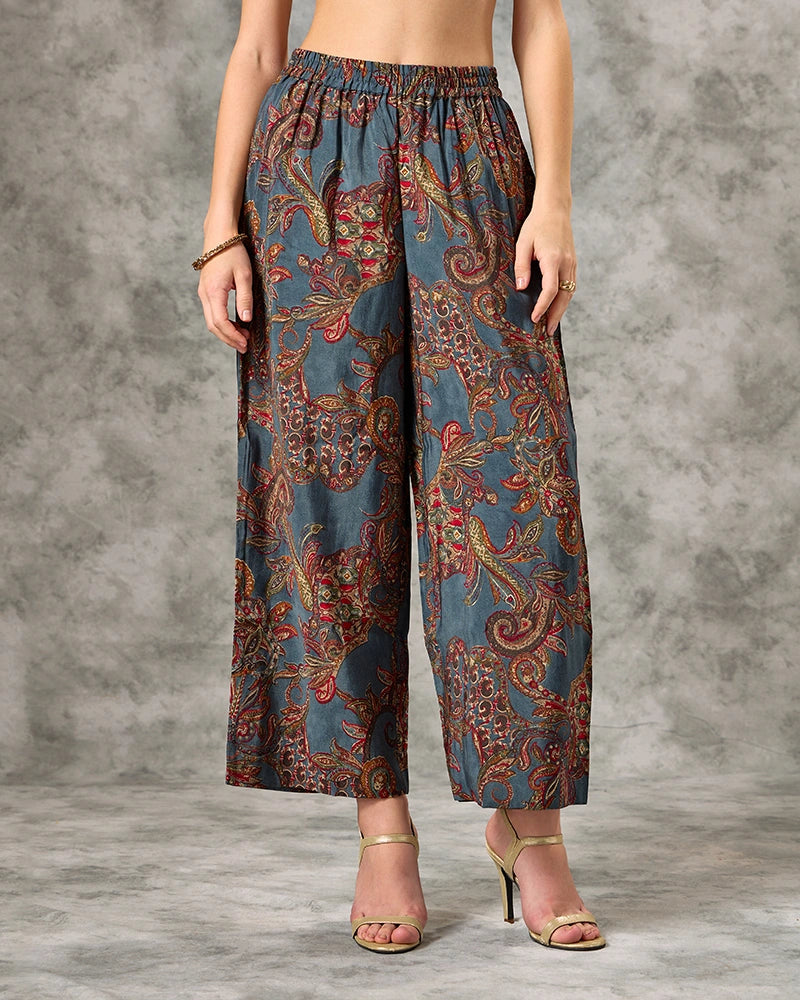Zari Embroidered All over Printed Mandarin Neck Kurta Set with Pant and Dupatta - Blue