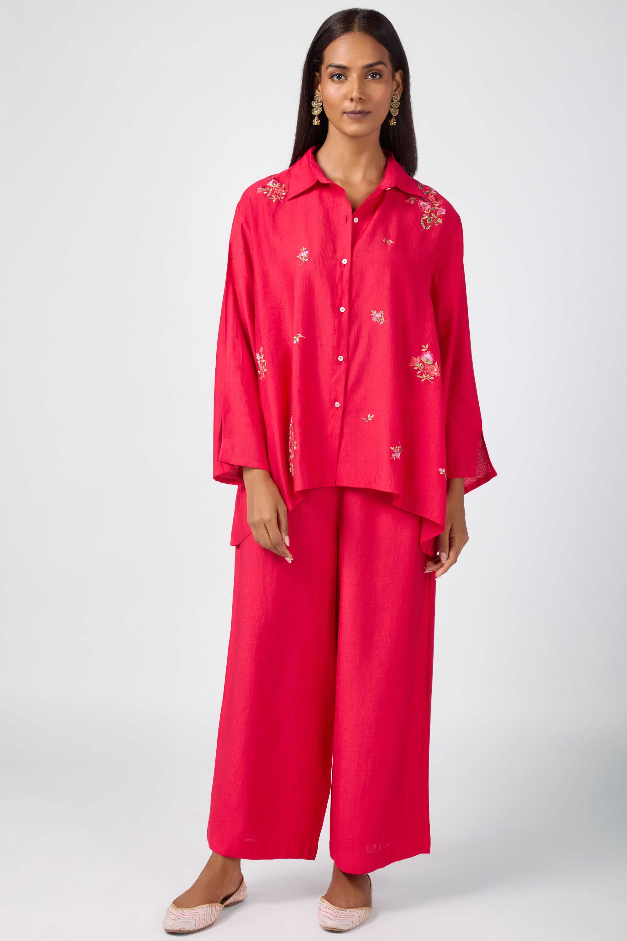 All-over embroidered co-ord set with 3/4 sleeves with slits.