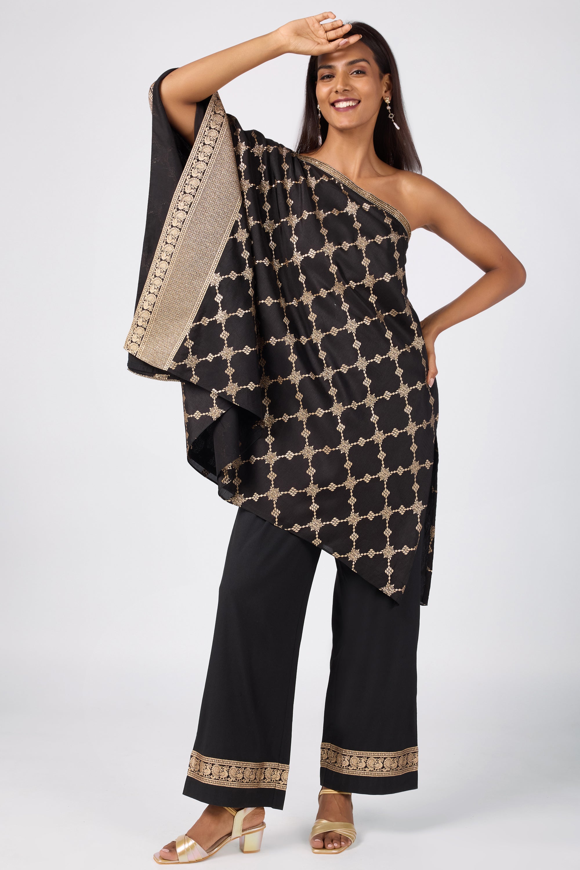 One-Shoulder Brocade Kaftan Set with Zari & Sequin Work - Black