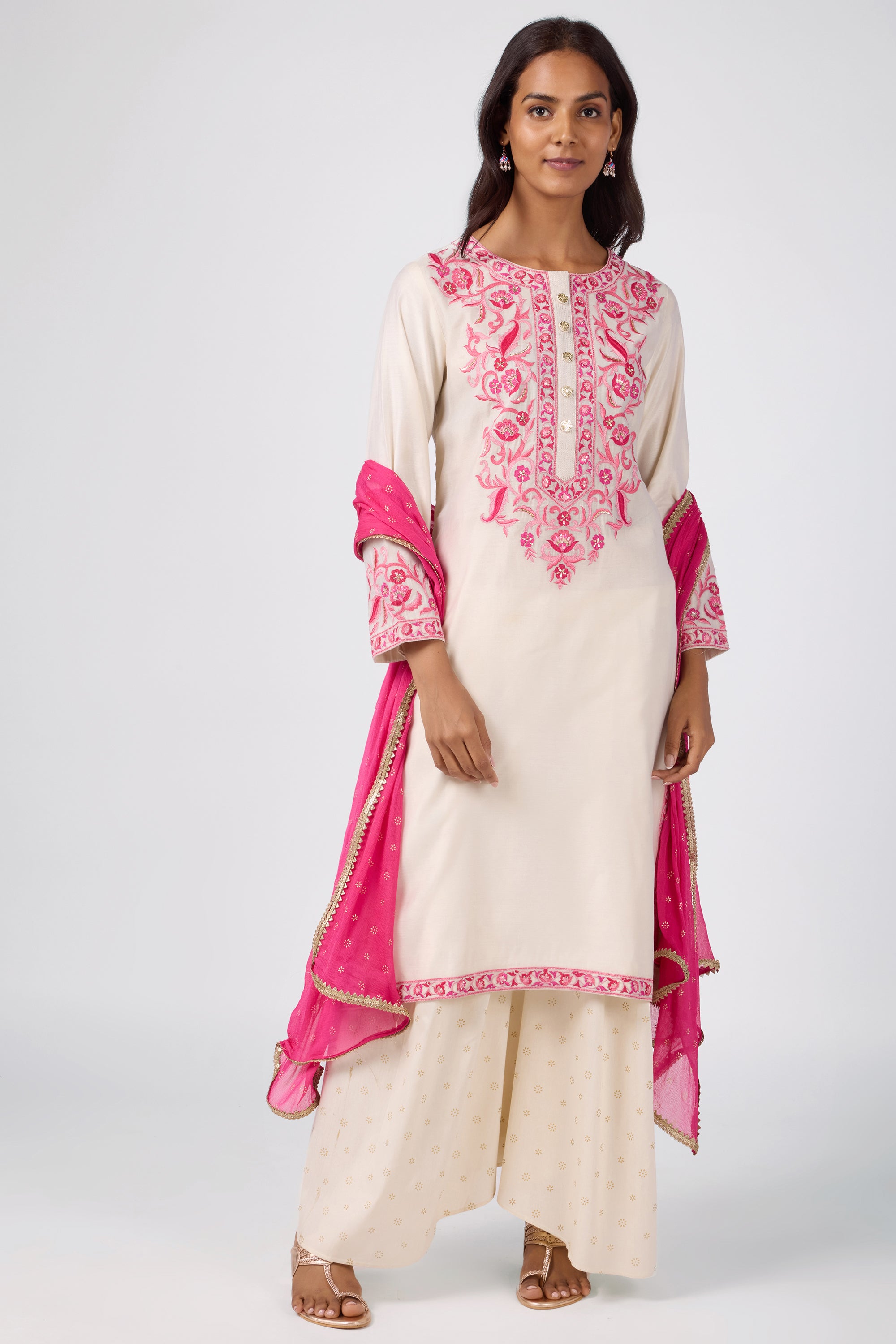 Embroidered Yoke Kurta Set with Palazzo and Dupatta - Off White