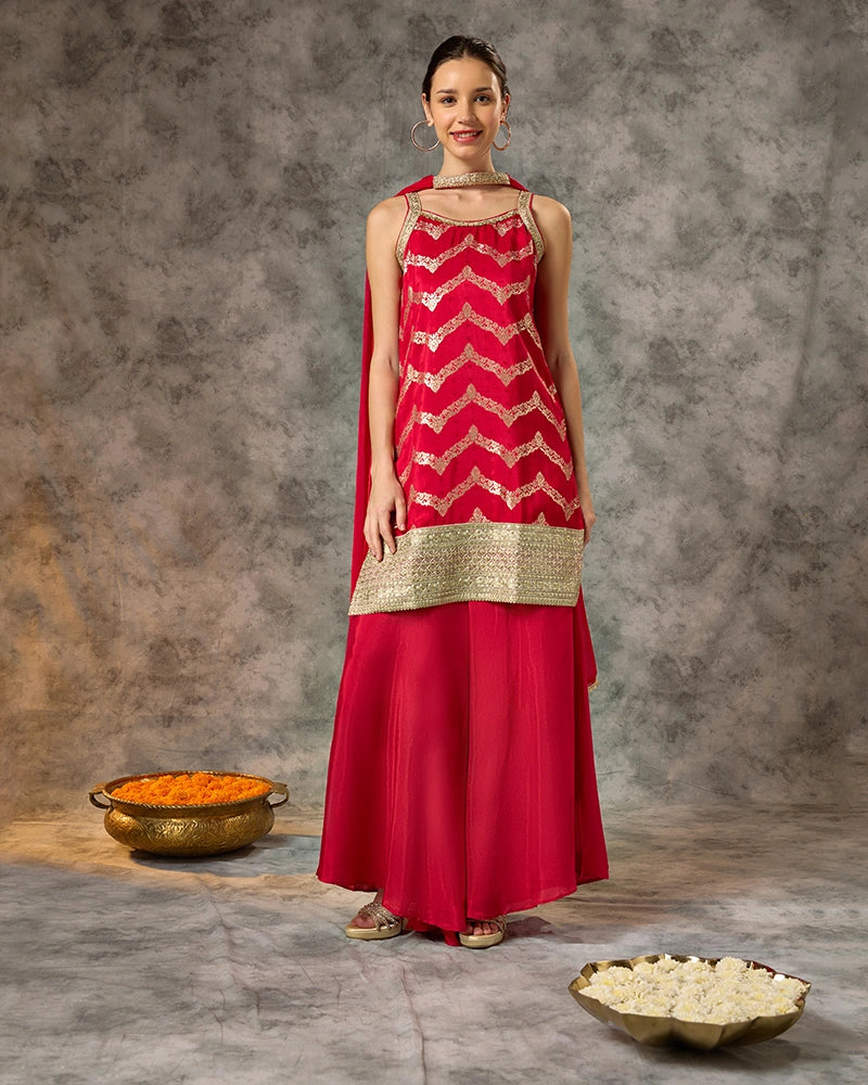 Sleeveless Brocade Kurta Set with Wide Leg Pant and Dupatta - Red