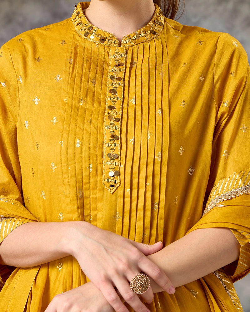 Foil Printed Kurta Set with Pant and Dupatta - Mustard