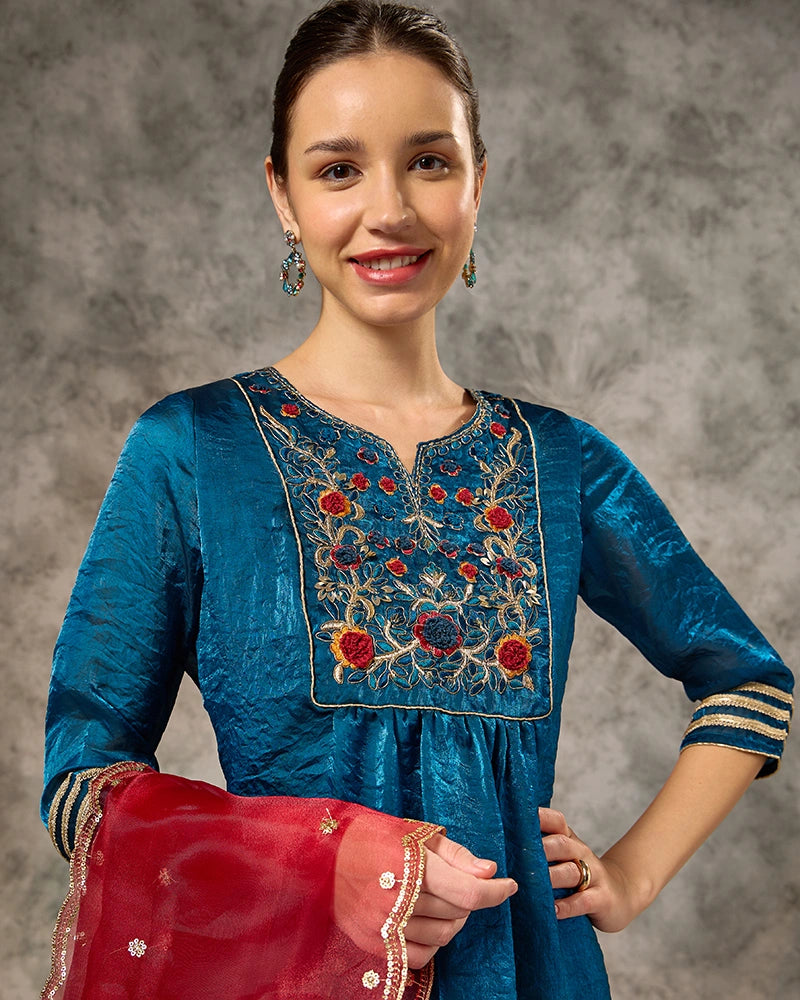 Embroidered Kurta Set with Pant and Dupatta - Mid Blue