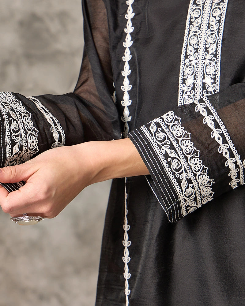 V-Neck Embroidered Kurta Set with Pant and Dupatta - Black