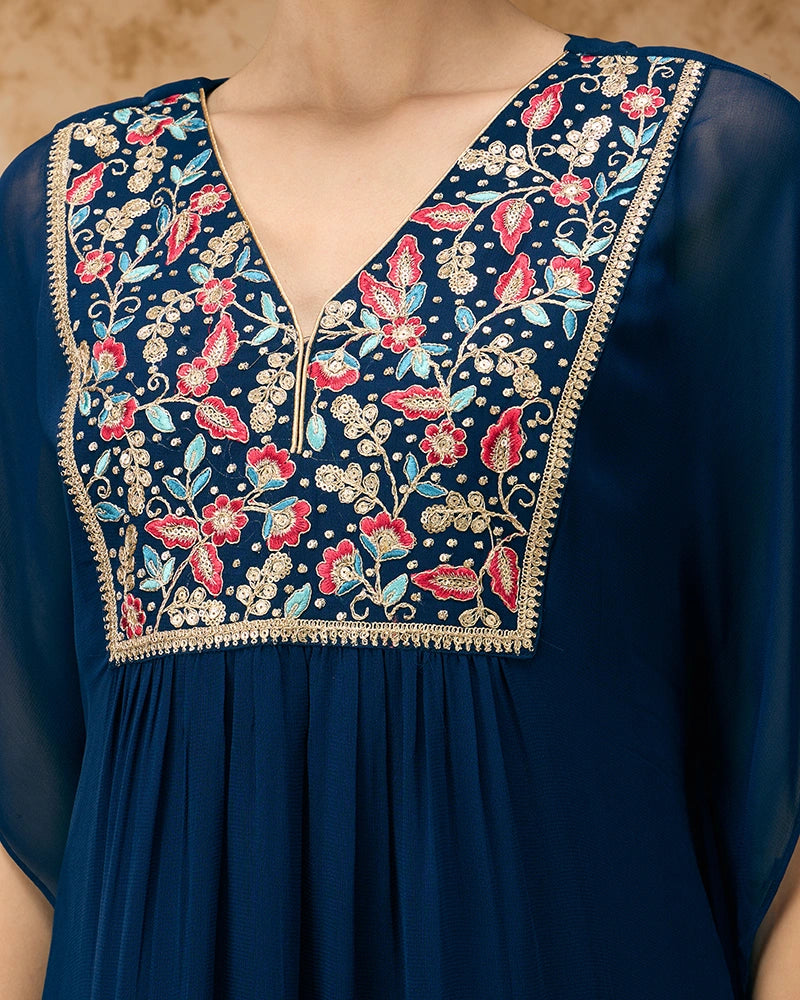 Embroidered yoke kaftan set - Navy