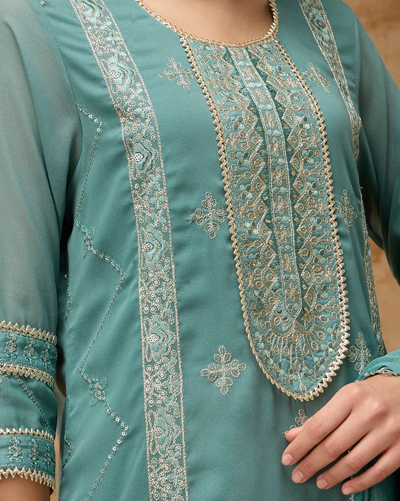 Round neck straight kurta SKD set featuring elegant placement embroidery.