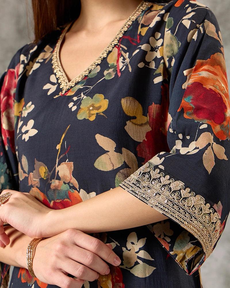 A-line All Over Floral Printed Kurta Set with Pant & Dupatta - Blue