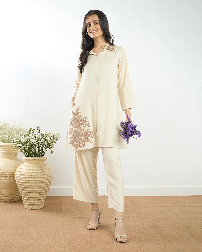 Off-White Placement Embroidered A-Line Co-ord Set for Women