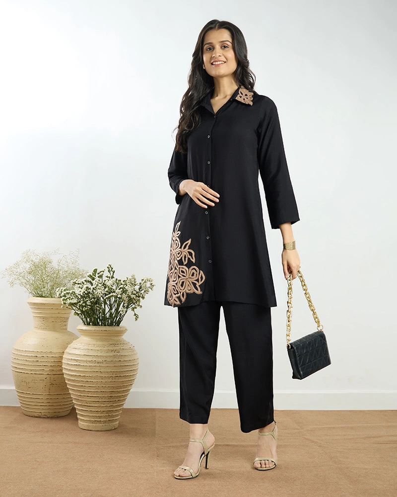 Black Placement Embroidered A-Line Co-ord Set for Women