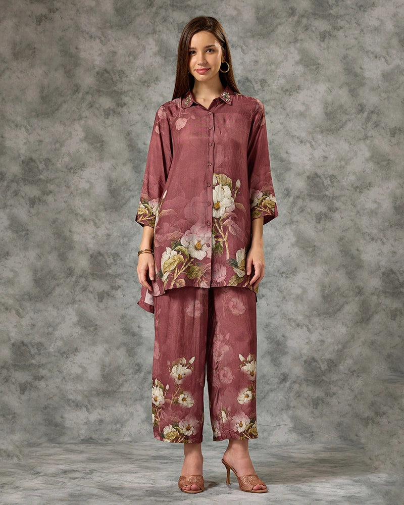 Embroidered Printed Co-ord Set - Purple