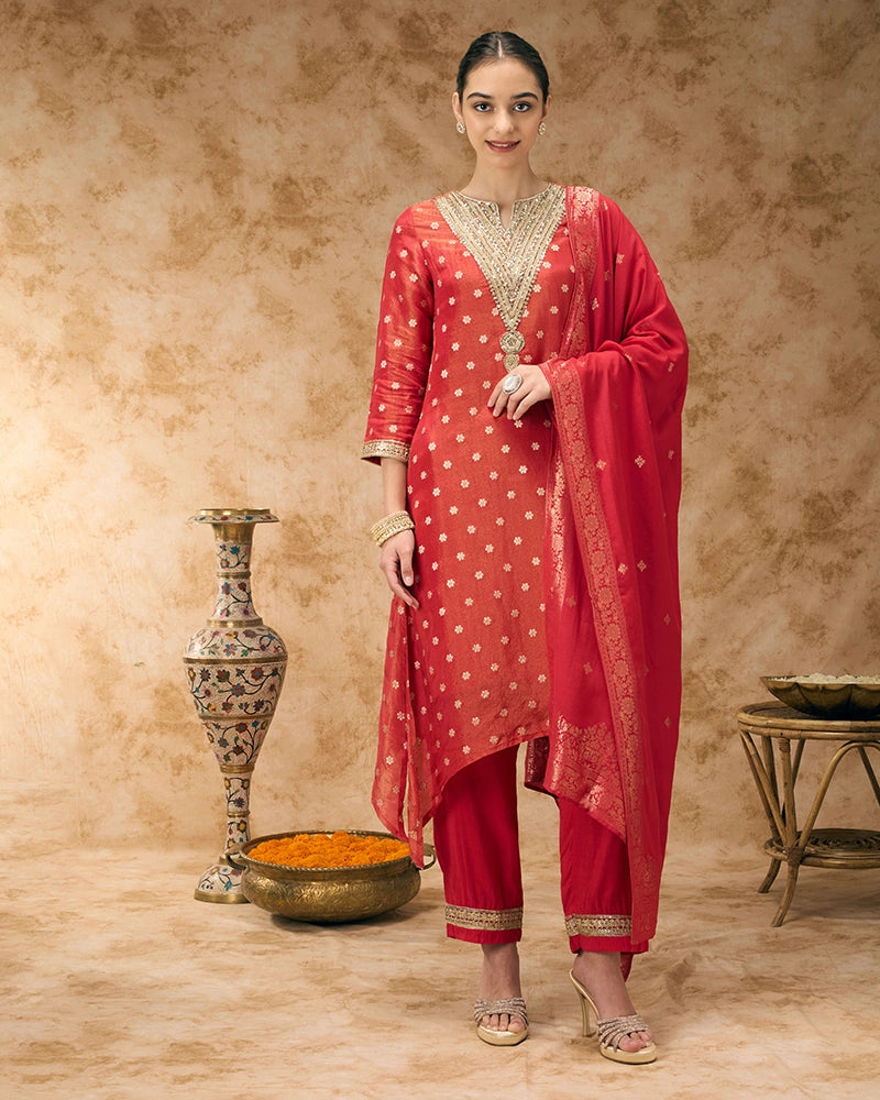 Asymmetric Brocade Kurta Set - Red