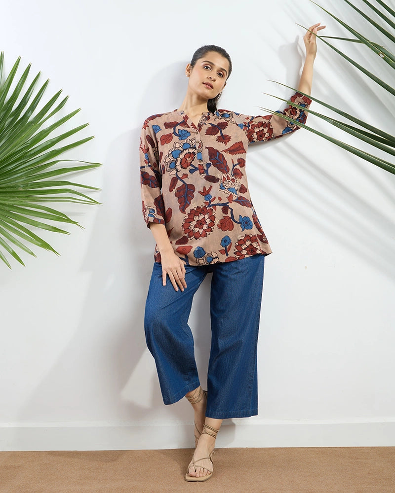 Beige Printed Viscose Tunic for Women