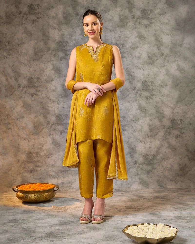 Brocade Kurta Set - Yellow