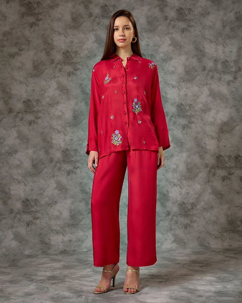 Embroidered Co-ord Set - Dark Pink