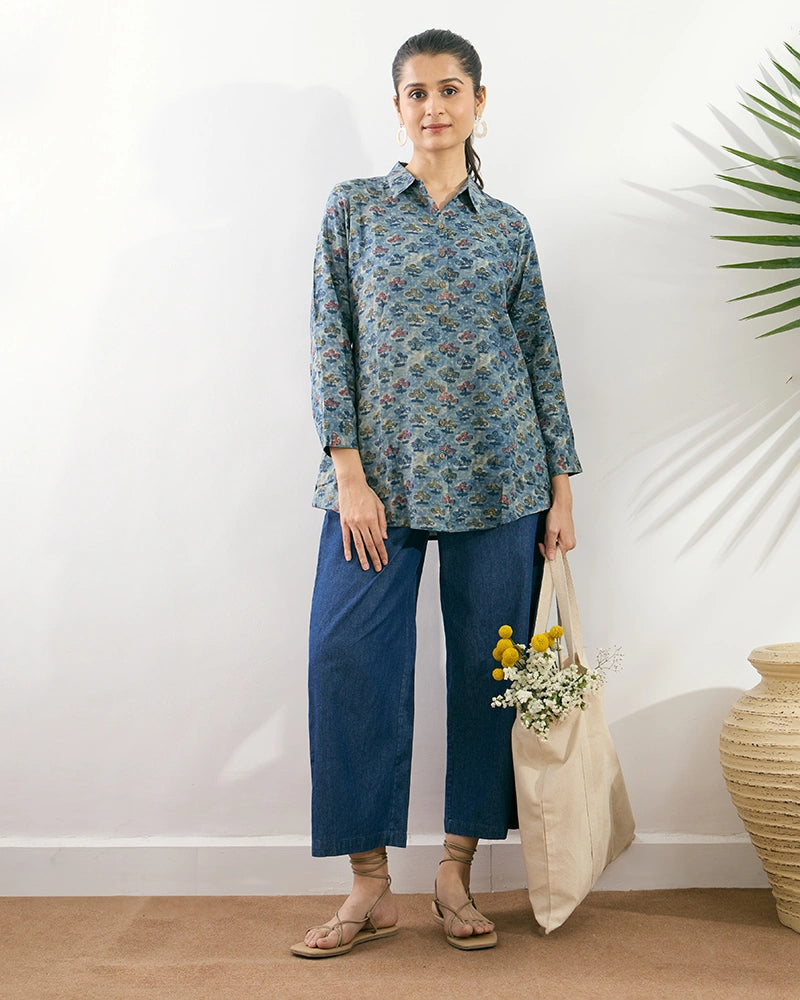 Blue Viscose Printed Regular Fit Shirt for Women