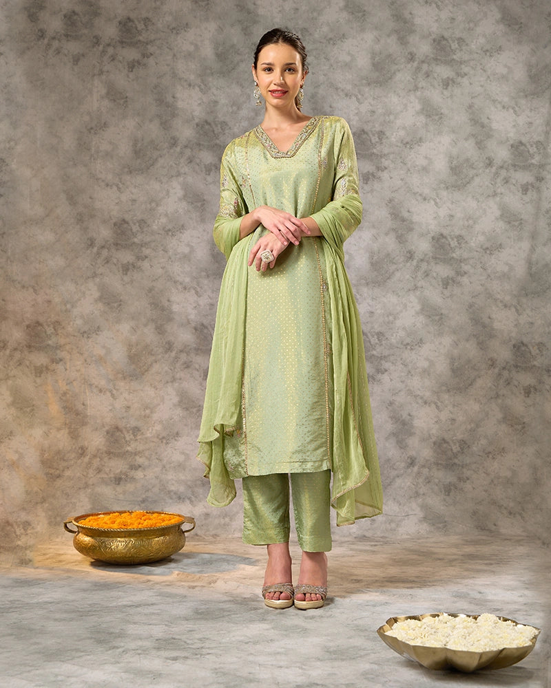 A-line embroidered kurta set - Sage Green
