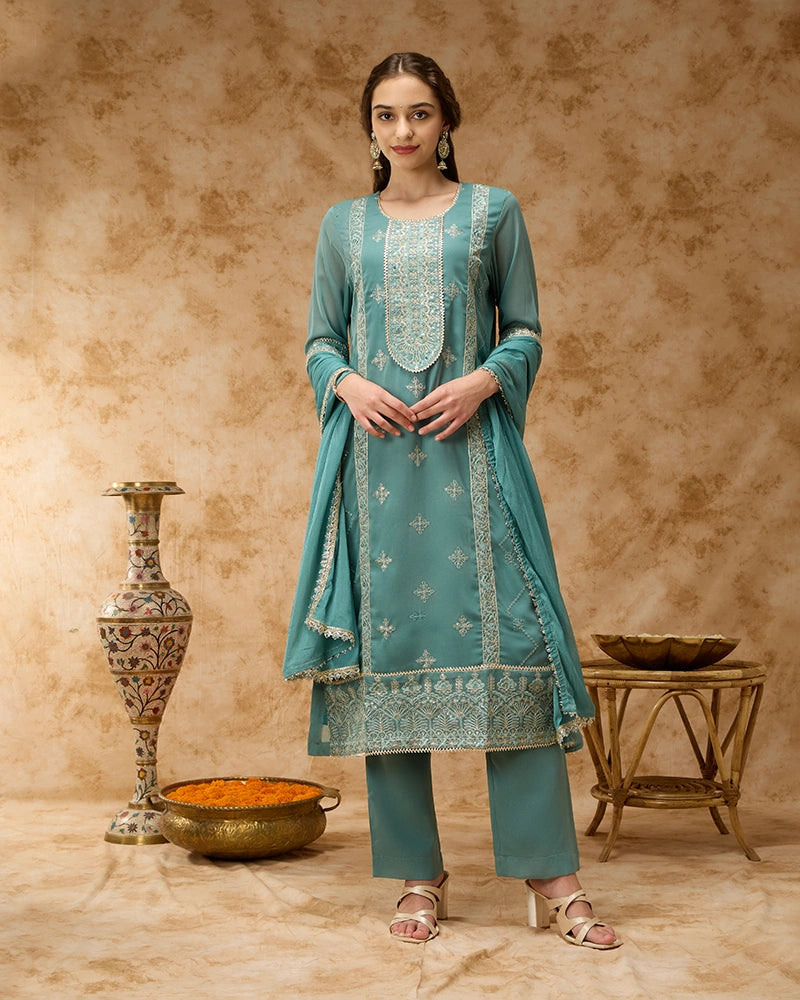 Round neck straight kurta SKD set featuring elegant placement embroidery.