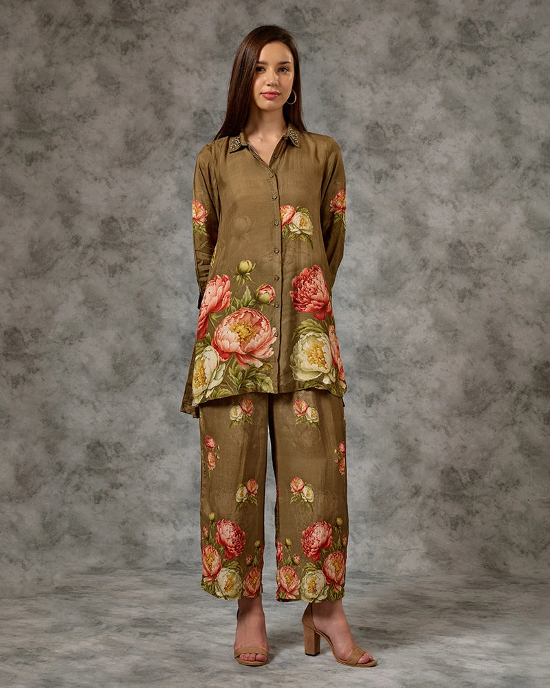 Embroidered Printed Co-ord Set - Green