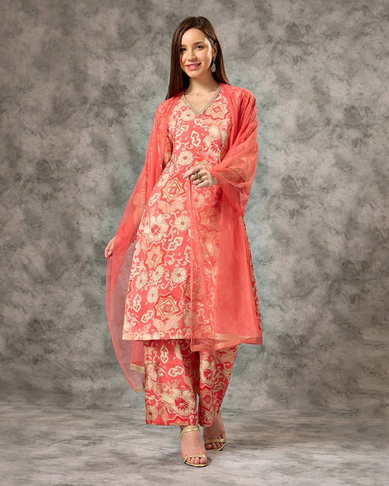 A-line Printed kurta set - Orange