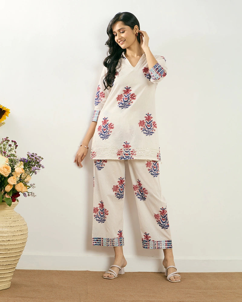 Off-White Butta Printed V-Neck Co-ord Set for Women