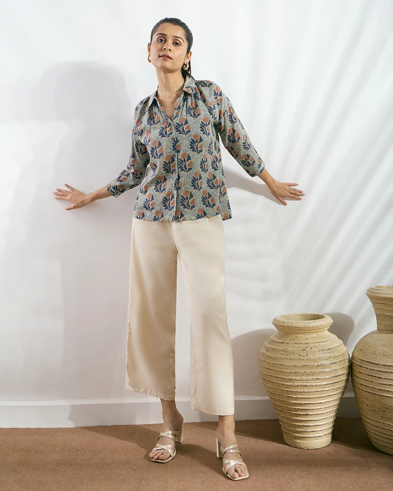 Navy Blue Modal Printed Boxy Fit Shirt for Women