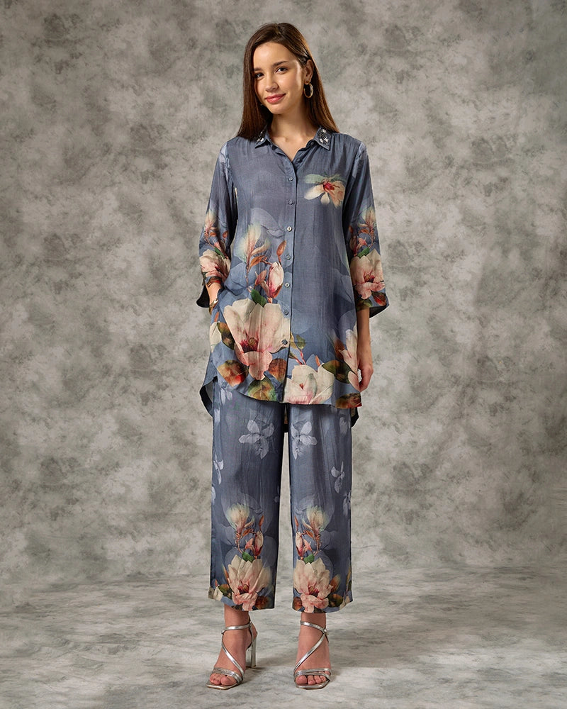 Embroidered Printed Co-ord Set - Blue