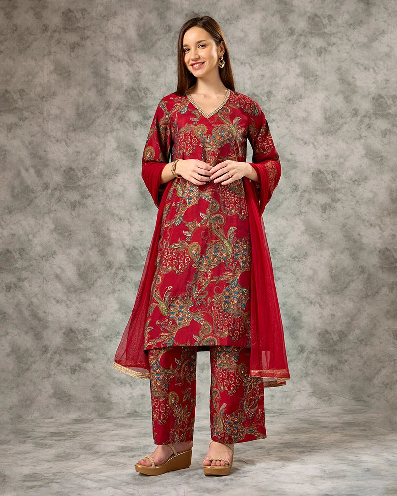 A-line Printed kurta set - Red