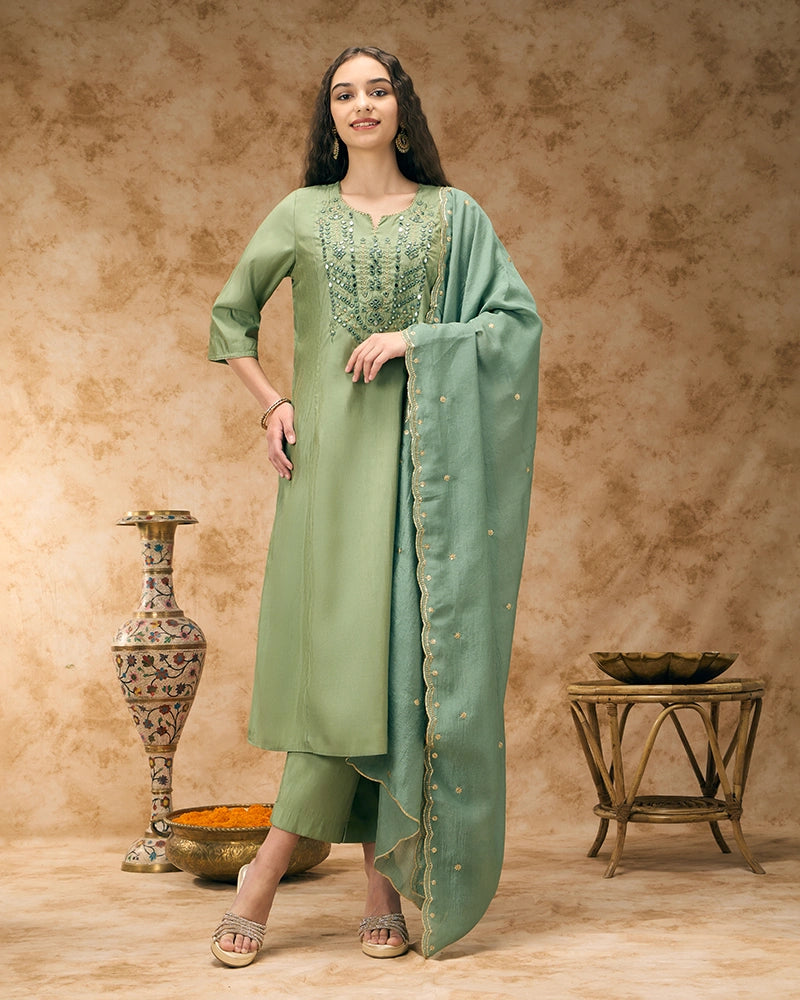 A-line embroidered kurta set - Sage Green