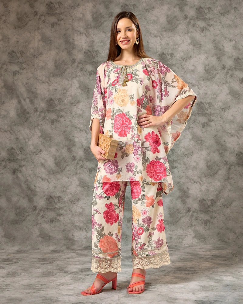 Off White All Over Printed Tie Up Neck Co-Ord Set for Women