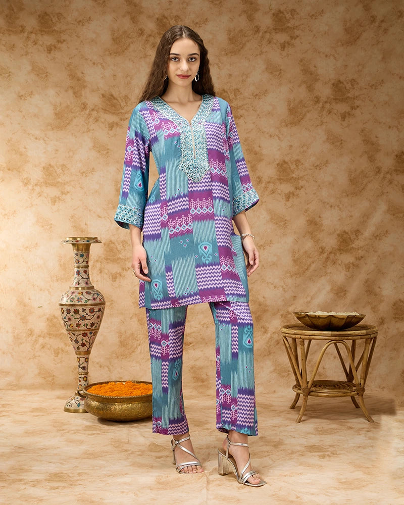 Ikkat Printed Co-ord Set with Mirror Embroidered Yoke