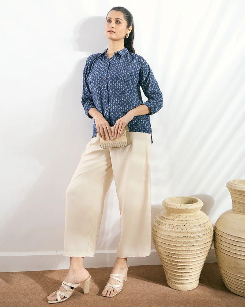 Navy Blue Viscose Printed Boxy Fit Shirt for Women