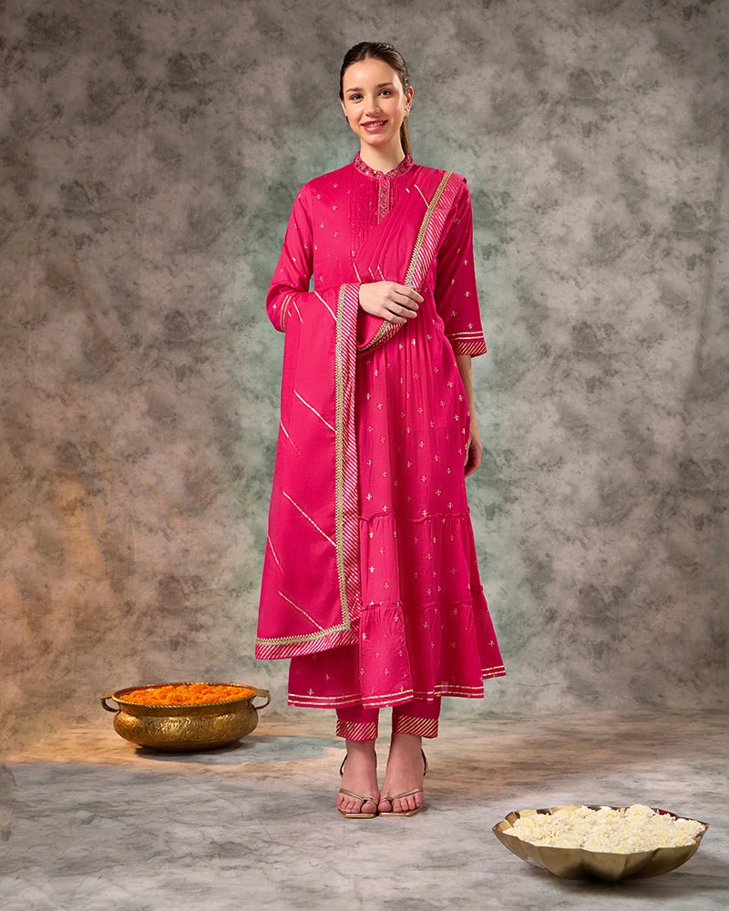 Foil-printed kali kurta set - Fuschia