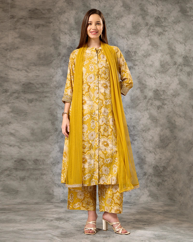 Zari Embroidred Printed Kurta Set - Yellow