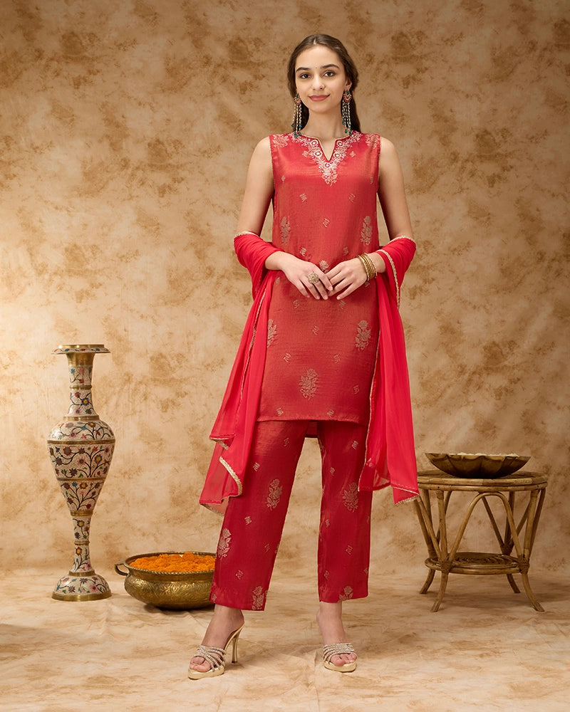 Brocade Kurta Set - Brick Red