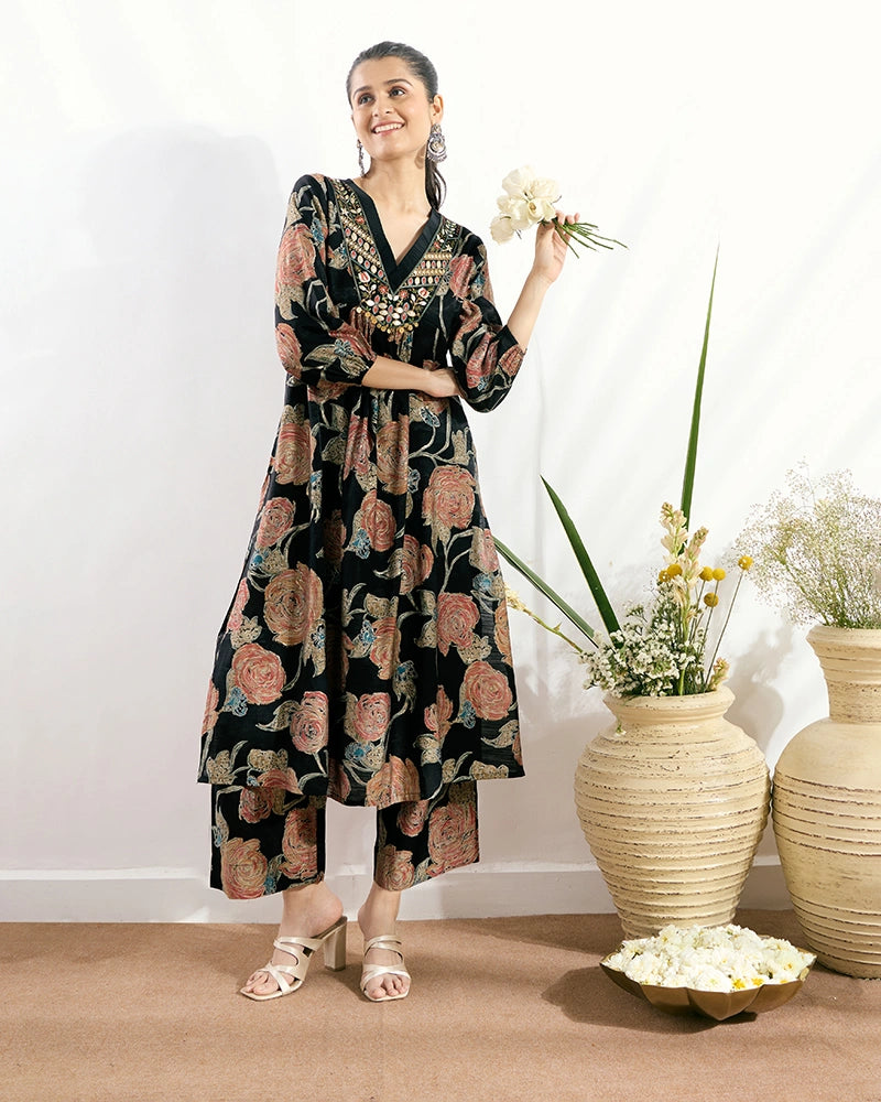 Black Printed V-Neck Kurta Set with Embroidered Neckline for Women