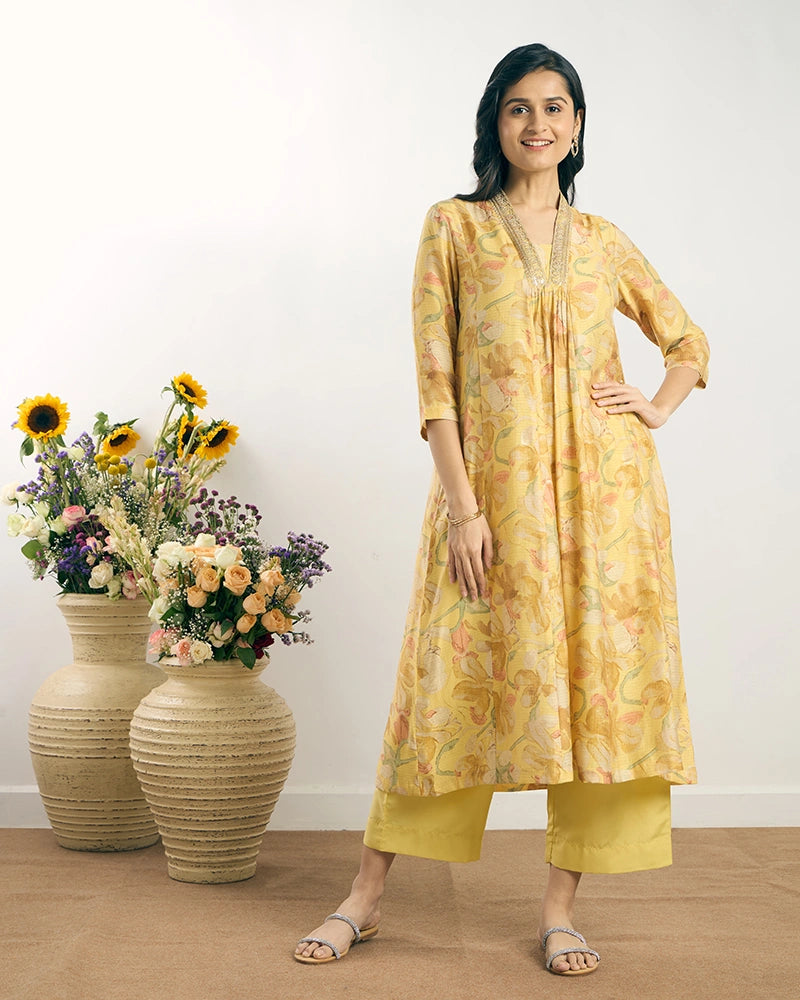 Yellow V-Neck Zari Embroidered Kurta Set for Women