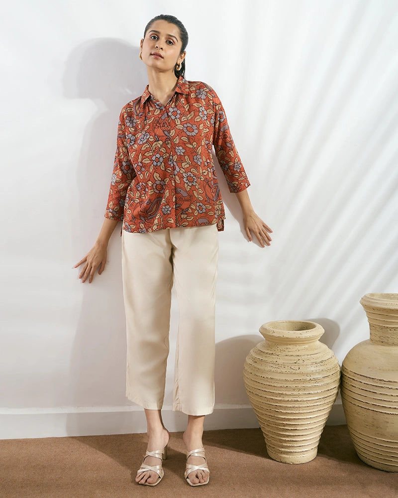 Rust Modal Printed Boxy Fit Shirt for Women
