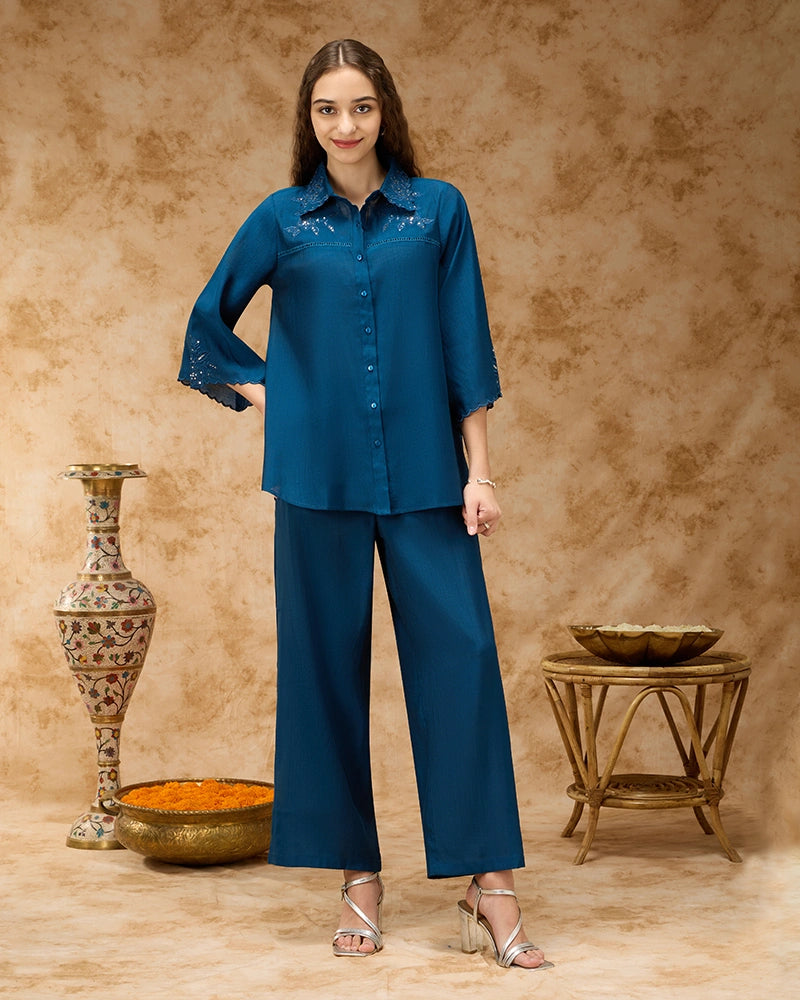 Shirt Collar Co-ord Set with Tonal Embroidery & Lace Inserts - Blue