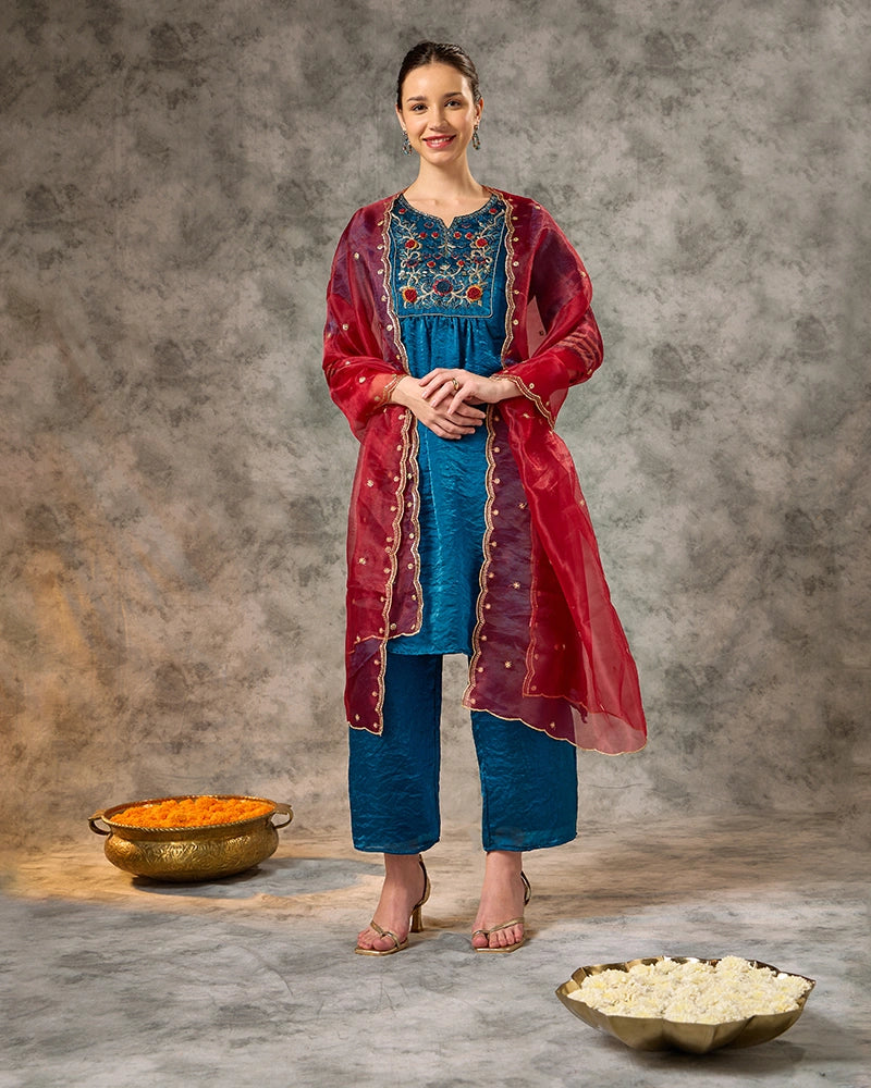 Embroidered Kurta Set with Pant and Dupatta - Mid Blue
