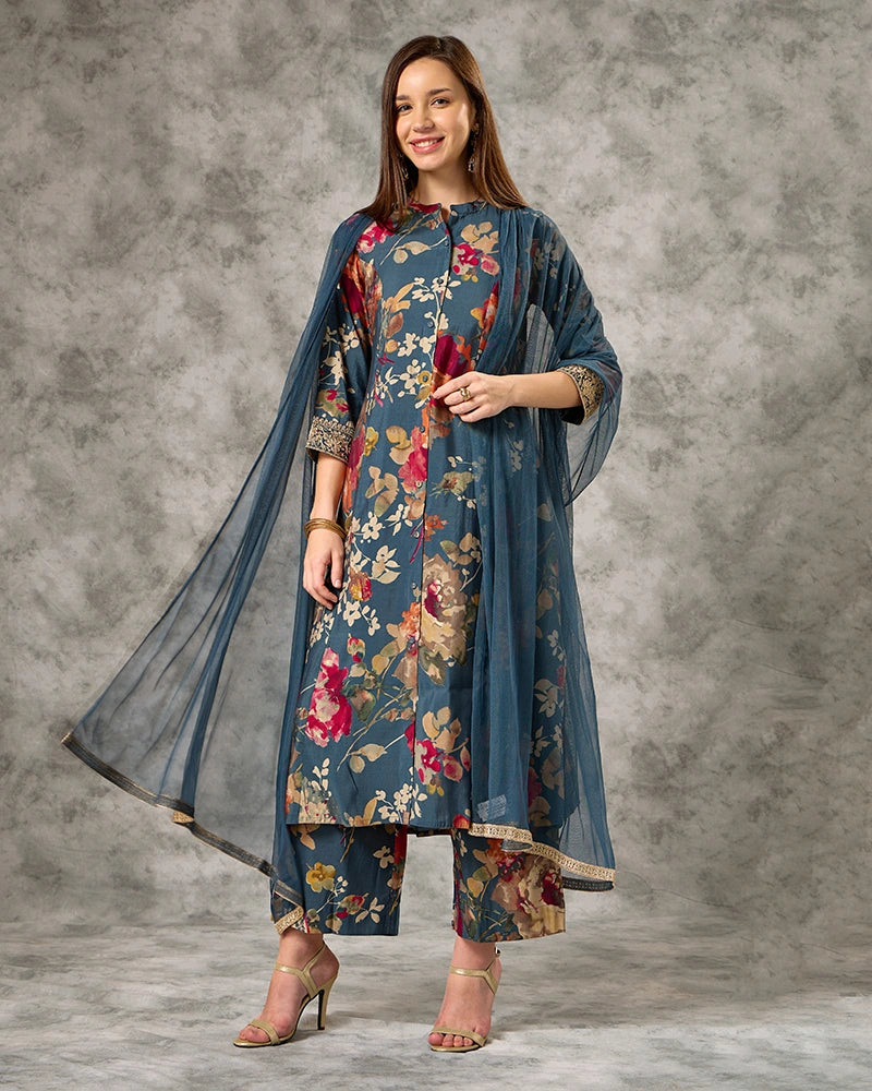 Zari Embroidred Printed Kurta Set - Blue
