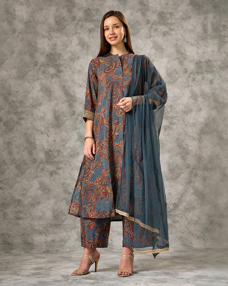 Zari Embroidred Printed Kurta Set - Blue
