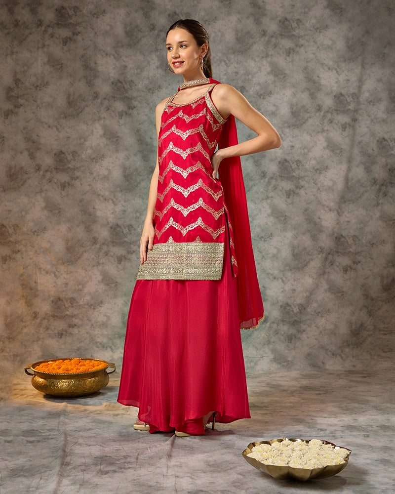 Sleeveless Brocade Kurta Set with Wide Leg Pant and Dupatta - Red