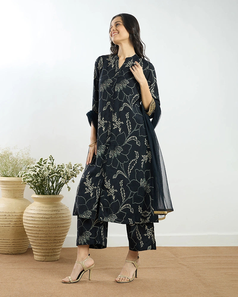 Navy Blue Printed Button-Down Kurta Set with Dupatta for Women