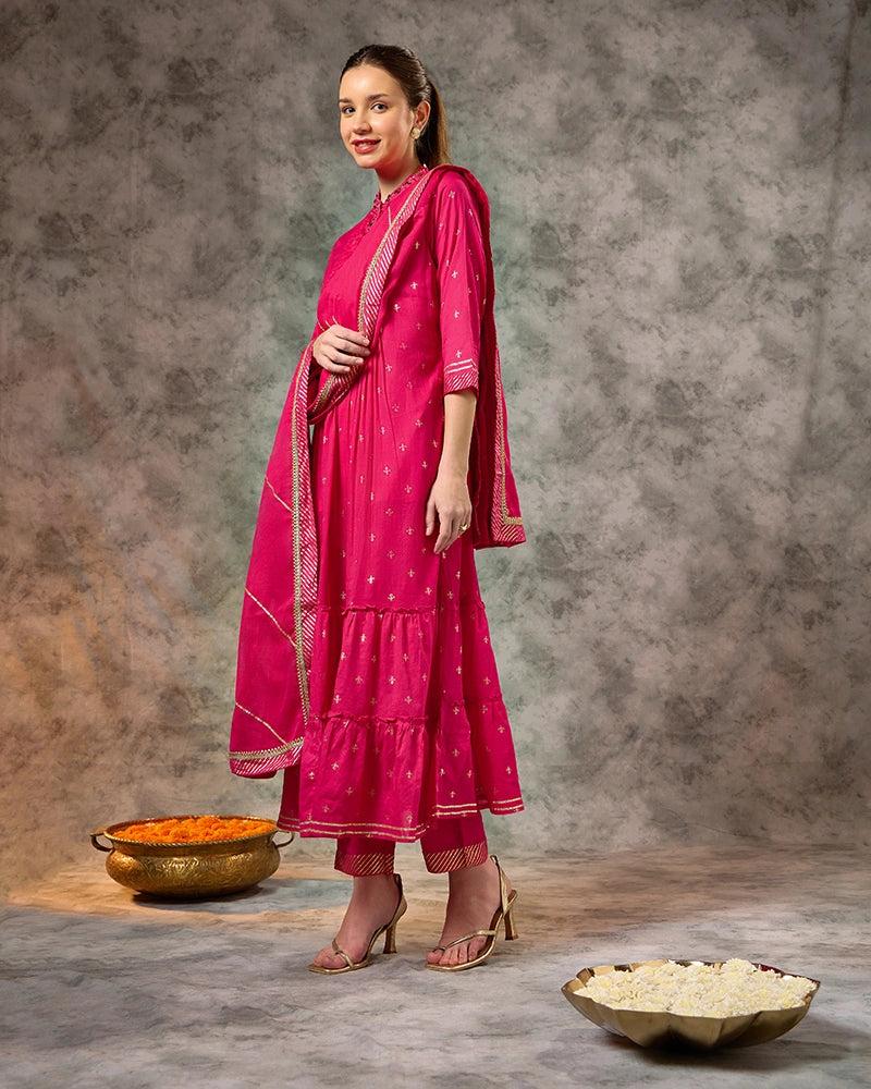 Foil-printed kali kurta set - Fuschia